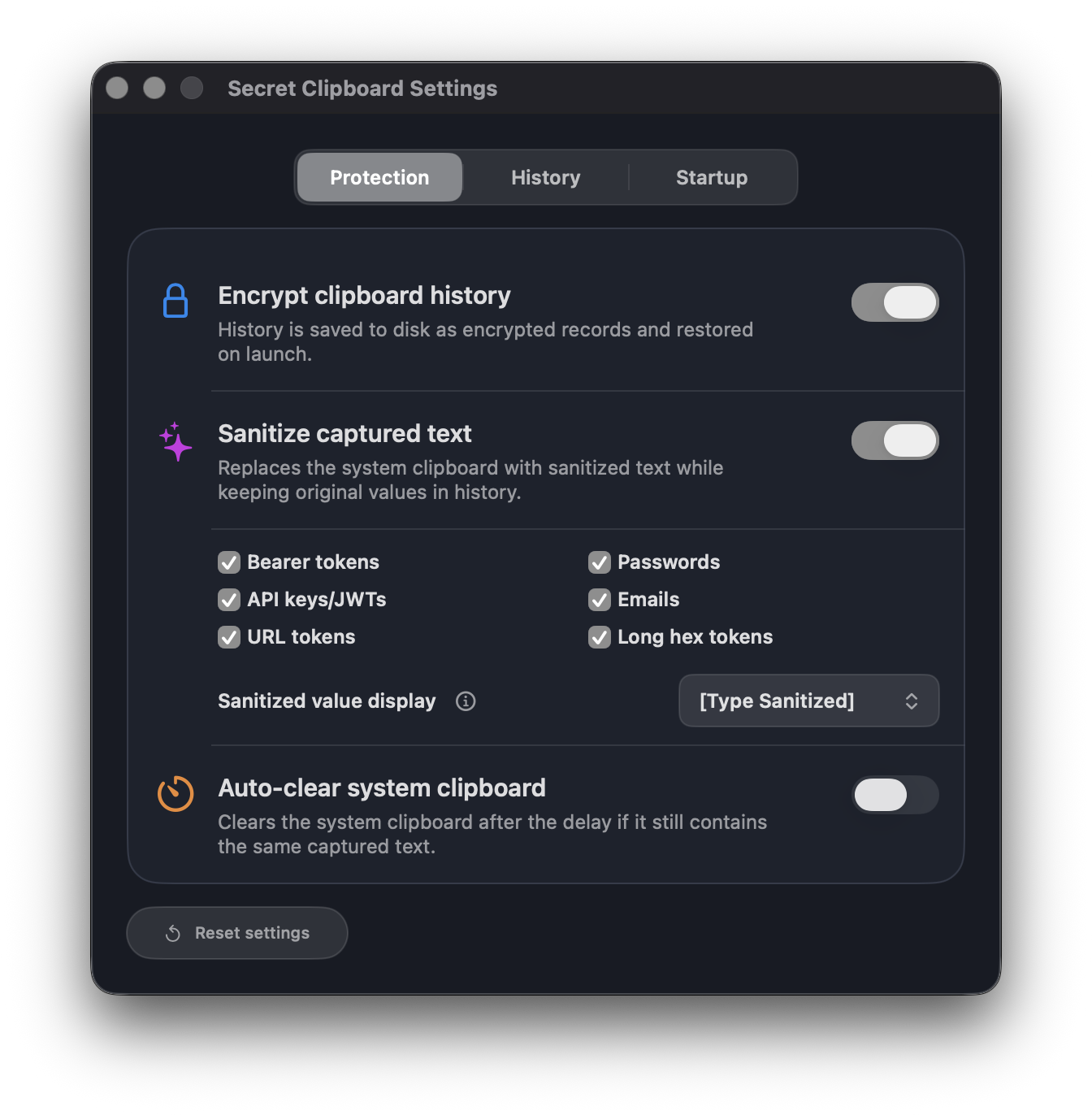Protection settings